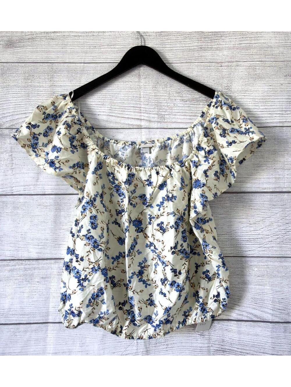A New Day Cream Blue Floral Blouse Women Size Large